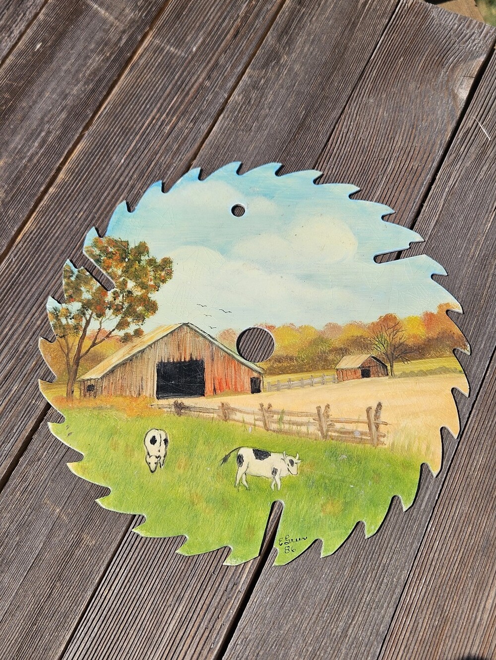 Vintage Folk Art Painted Circular Saw Blade Rustic Farmhouse Barn Decor E Green